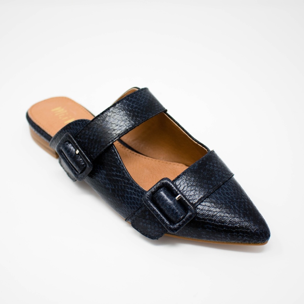 HANNAH Pointed Toe Snakeskin Mule - Navy